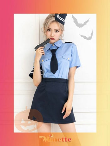 コスプレ ミニ ポリス 帽子 体型カバー プチプラ ブルー 衣装4点セット