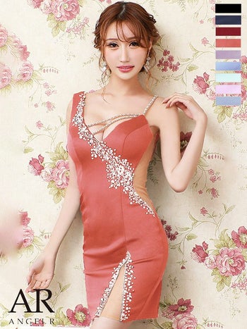 【Angel R/エンジェルアール】 ビジュー Vフロント ノースリーブ タイトミニドレス