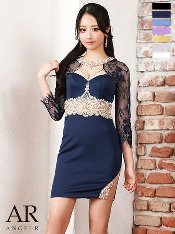 【Angel R/エンジェルアール】ウエスト スパンコール ビジュー 長袖 タイトミニドレス