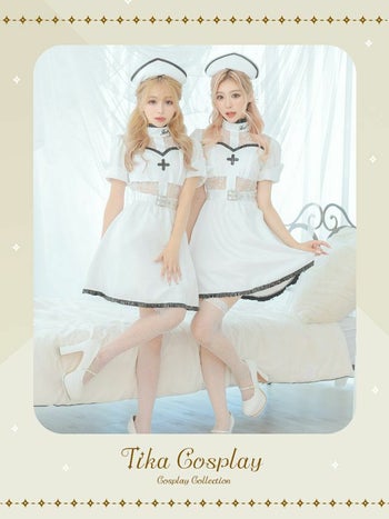 コスプレ ナース セクシー パイピング レザー レース 体型カバー フレア スカート ガーリー ペア 衣装4点セット