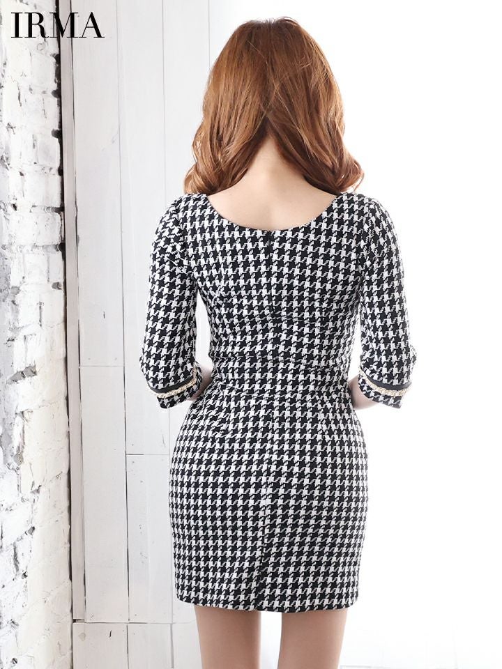 【IRMA/イルマ】バストジップ バストジップ ウエストカット 千鳥柄 長袖 タイトミニドレス
