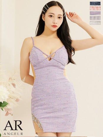 【Angel R/エンジェルアール】 チェック　クロスデザイン ラインビジュー　サイドカット タイトミニドレス