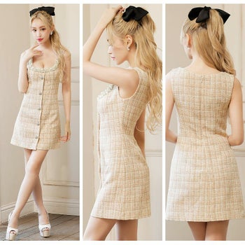 【Angel R/エンジェルアール】ツイード バスト パールビジュー フロントボタン チェック ノースリーブ フレアミニドレス 