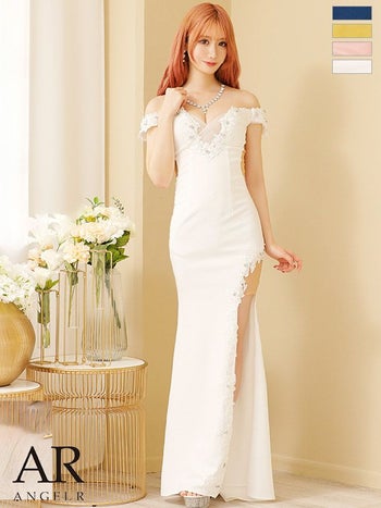 【Angel R/エンジェルアール】サイドスリット　ワンカラー フロントメッシュ花柄刺繍 ビジュー オフショルダー タイトロングドレス