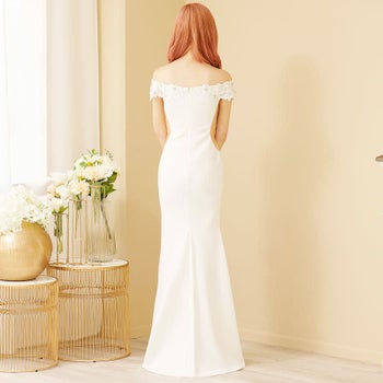 【Angel R/エンジェルアール】フラワー刺繍 オフショルダー フロントメッシュ ビジュー スリット タイトロングドレス