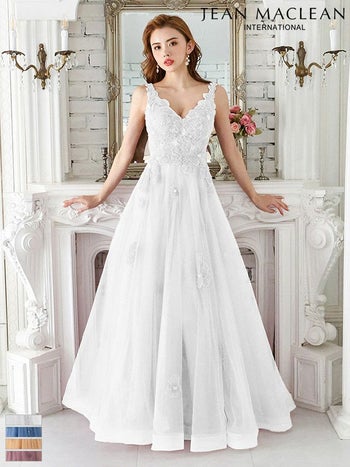 【JEANMACLEAN/ジャンマクレーン】フラワー刺繍 シンプル チュール ノースリーブ フレアロングドレス