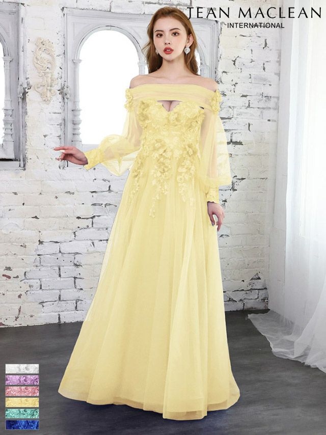 【JEANMACLEAN/ジャンマクレーン】フラワー シンプル チュール袖 オフショルダー フレアロングドレス