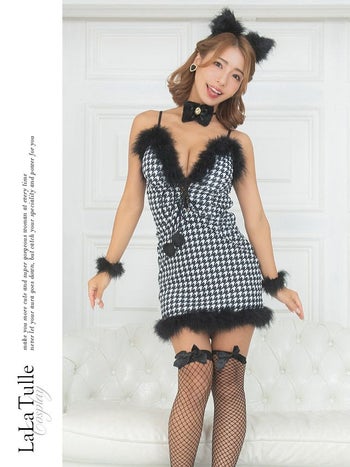 コスプレ セクシー 猫 千鳥格子 編み上げ ふわふわ フェザー ペア アニマル 衣装5点セット