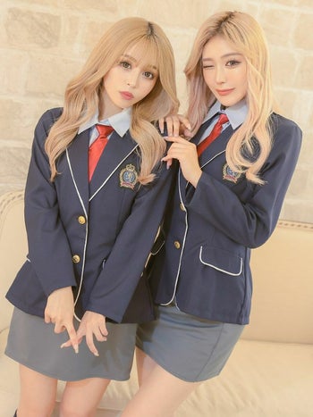 コスプレ スクール ブレザー 袖あり 紺ブレ タイ トスカート パイピング ペア 衣装3点セット