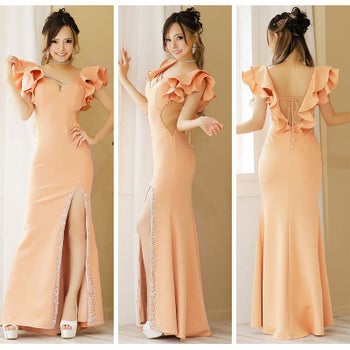 【Angel R/エンジェルアール】ビジュースリット ショルダー フリル ストレッチ　タイトロングドレス