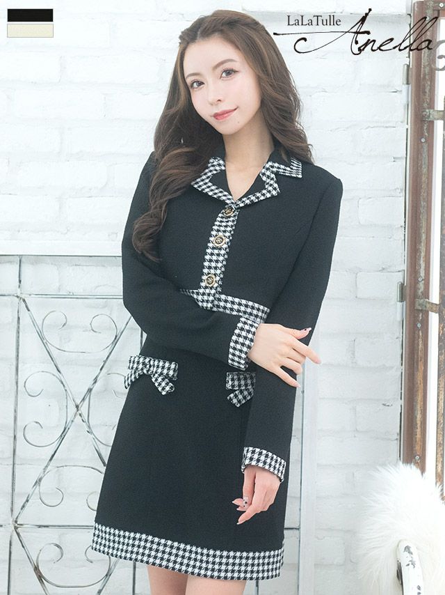 SALE【Anella/アネラ】ジャケット付き リボン 千鳥柄 タイトミニドレス