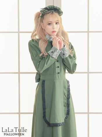 コスプレ 洋館 メイド ロング丈 フレア スカート 袖あり 体型カバーペア コウモリ 衣装2点セット