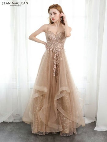 【JEANMACLEAN/ジャンマクレーン】シンプル ワンカラー キャミソール 刺繍レース チュール フレアロングドレス