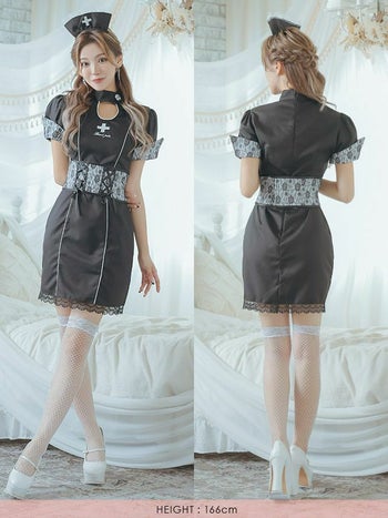 コスプレ ブラック セクシー ナース フラワー レース デザイン 衣装3点セット[ワンピース/コルセット/カチューシャ]