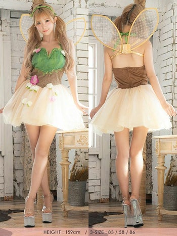 コスプレ インポート フレアスカート フラワーモチーフ ティンカーベル キャラクター 衣装3点セット