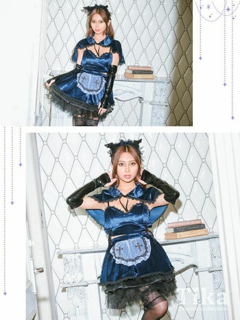 コスプレ コウモリ メイド ベロア へそ出し フレア スカート ペア 衣装6点セット