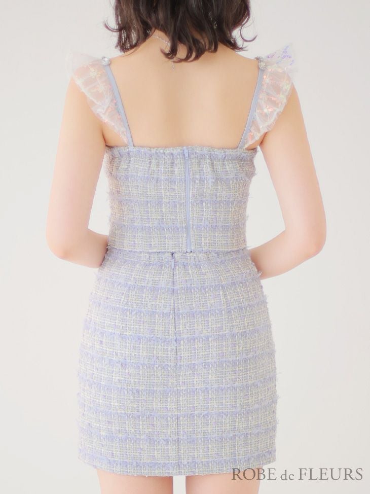 セットアップ スパンコール ラメツイード フリル レース ミニドレス