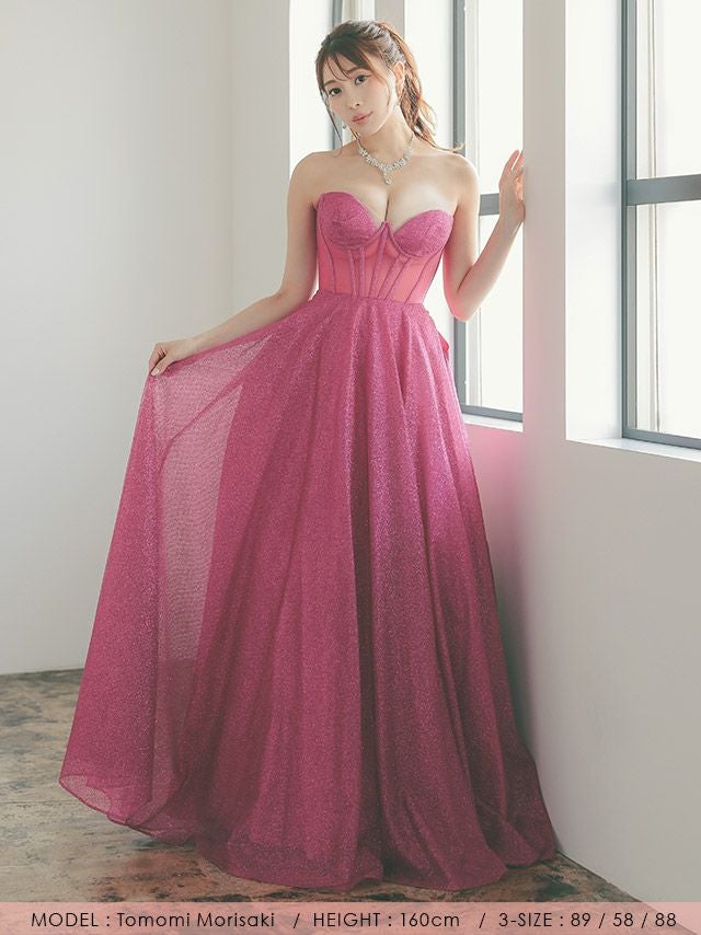 ベアトップ ワンカラー シースルーコルセット ラメ Aライン フレアロングドレス