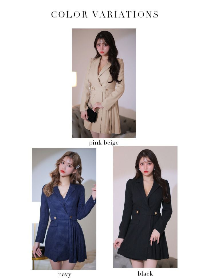 スーツライク 長袖 プリーツスカート インナーボトムス付 フレアミニドレス