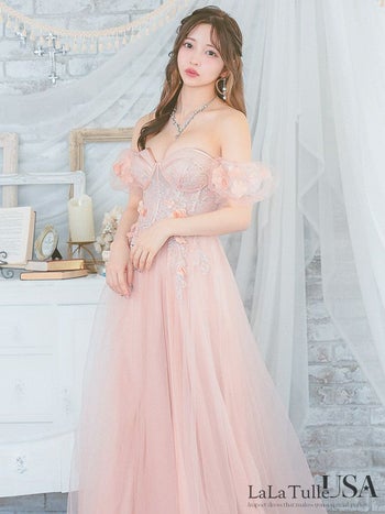 キャバドレス LaLaTulle USA インポート オープンバスト コルセット風 立体フラワー パフスリーブ付き ラメチュール バックレースアップ バースデー Aラインロングドレス