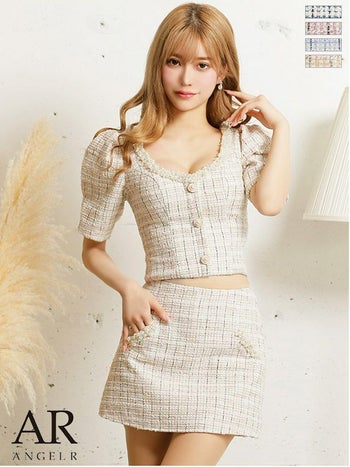 【Angel R/エンジェルアール】セットアップ ツイードデコルテ パールビジュー チェック パフスリーブ タイト マイクロミニドレス