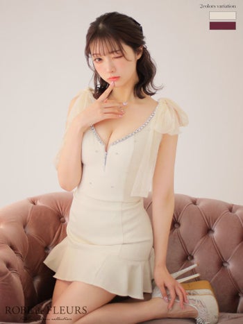 ショルダーリボン ジップ セットアップ ビジュー フレアミニドレス