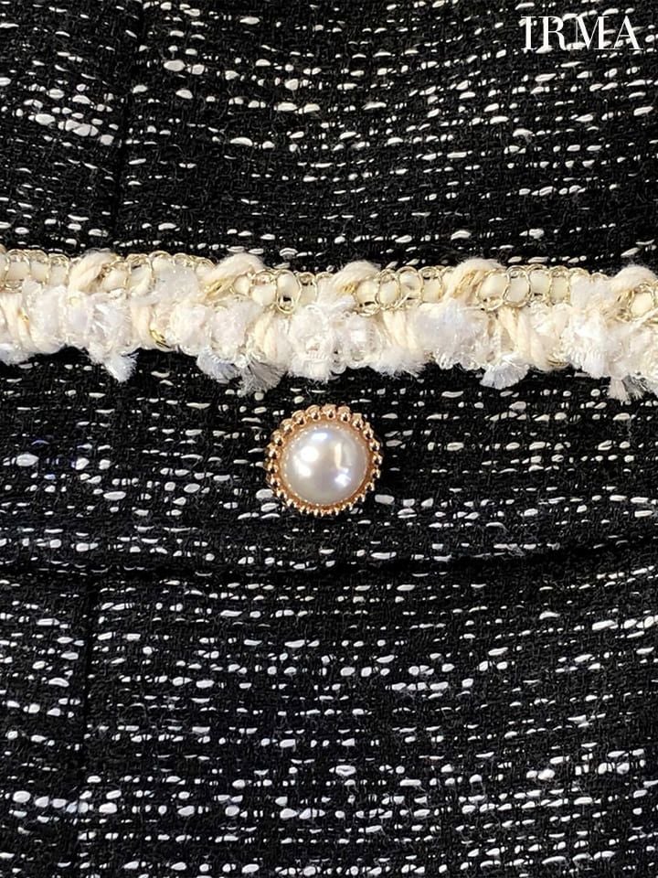 フロントジップ ツイード ウエストカット パールボタン タイトミニドレス