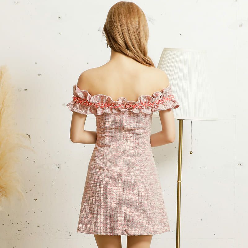 【Angel R/エンジェルアール】 パールビジュー フリル オフショルダー バストショルダー フレアミニドレス