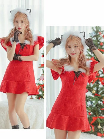 サンタコスプレ 2点セット ラメツイード 猫 半袖 フレアミニ キャット サンタコス