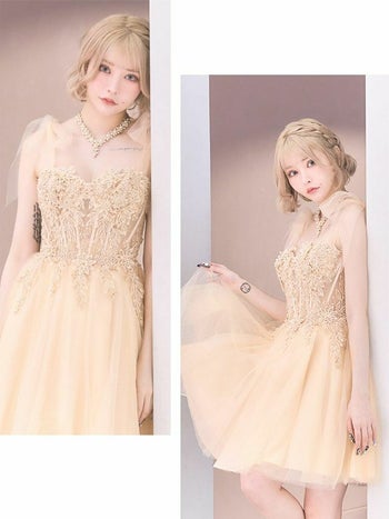 ラメ刺繍ビジュー キャミソール ショルダーリボン シアー シフォン フレアミニ バースデードレス