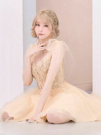 ラメ刺繍ビジュー キャミソール ショルダーリボン シアー シフォン フレアミニ バースデードレス