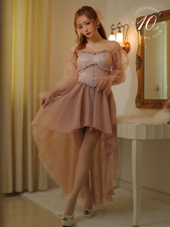 ロングテール 袖あり 2way チュール フレアミニドレス