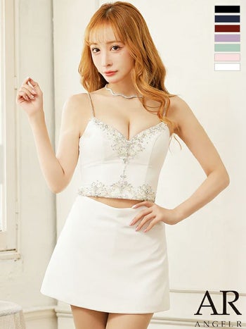 キャミソール セットアップ ビジュー ワンカラー フレア マイクロミニドレス