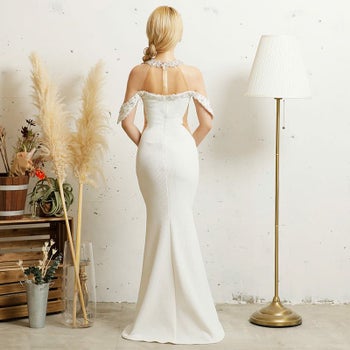  ホルターネック デコルテ バスト スパンコールビジュー オープンショルダー タイトロングドレス