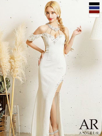 ホルターネック オープンショルダー サイドスリット デコルテ バスト スパンコールビジュー タイトロングドレス