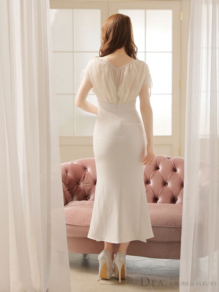 シンプル ワンカラー ワンピース 袖あり マーメイド オーガンジー タイトひざ丈ドレス