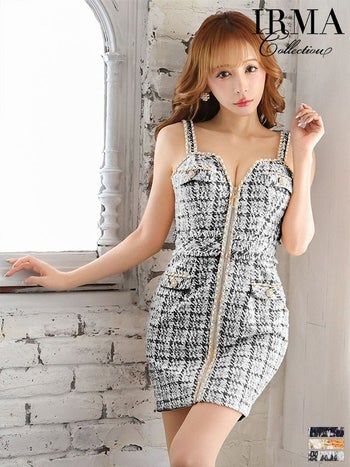 フロントジップ ノースリーブ パールボタン ツイード タイトミニドレス