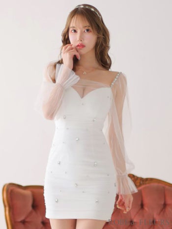 キュートシャーリング ビジュー　オーガンジー 袖あり スリーブ フェミニン タイトミニドレス
