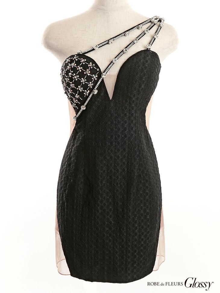 バックオープン ストレッチ ワンショルダー チュール アシンメトリー ビジュー タイトミニドレス