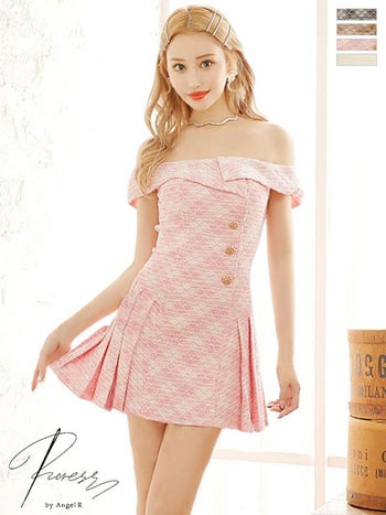 ボタン フリル サイドプリーツ アシンメトリーオフショルダー デコルテ フレアミニドレス