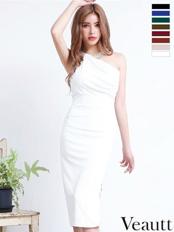 ネックビジュードレープ ファスナースリットタイト ミディアム ひざ丈ドレス