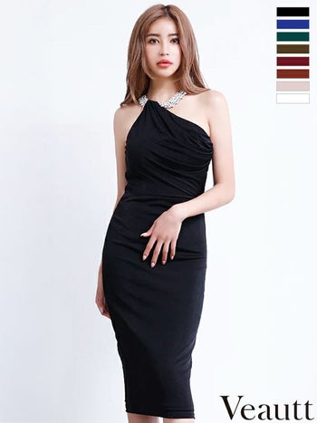 ネックビジュードレープ ファスナースリットタイト ミディアム ひざ丈ドレス