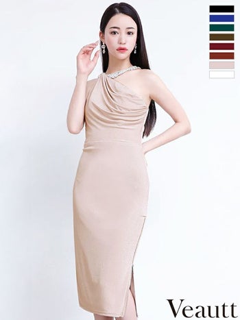 ネックビジュードレープ ファスナースリットタイト ミディアム ひざ丈ドレス