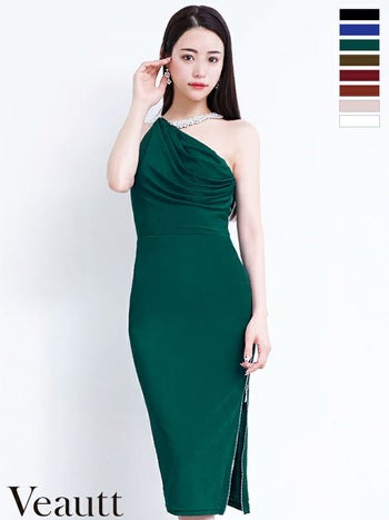 ドレープデザイン ネックビジュー　エレガント ファスナースリットタイト ミディアム ひざ丈ドレス