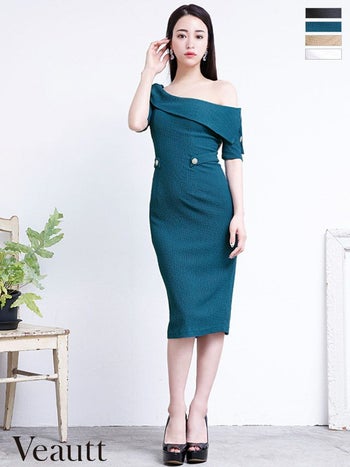 ワンショルダー ボタン ハーフスリーブ タイトミディアム ひざ丈ドレス