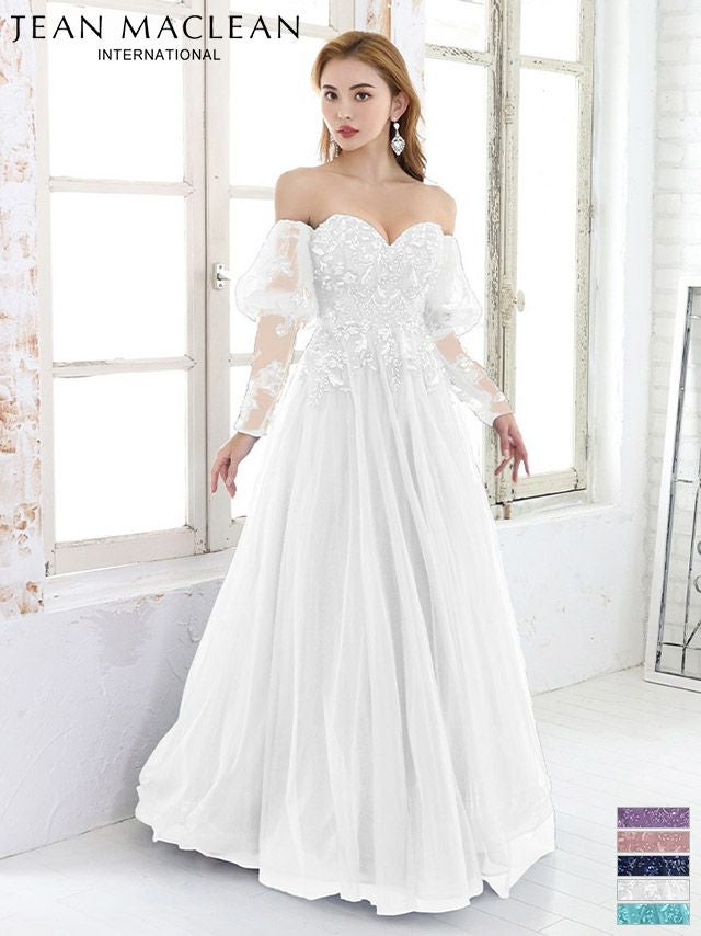  スパンコール チュール 袖あり ベアトップ ワンカラー フレアロングドレス