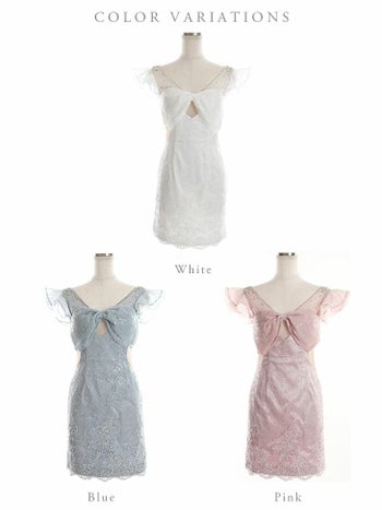 ビジュー サイドチュール切り替え ビッグリボン スパンコールレース ノースリーブ タイトミニドレス