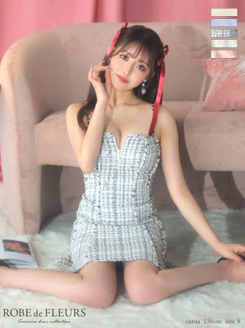 キャバドレス ROBEdeFLEURS ローブドフルール ガーリー オープンバスト ジップデザイン キャミソール ラメツイード ビジュー チェック柄 フレアミニドレス