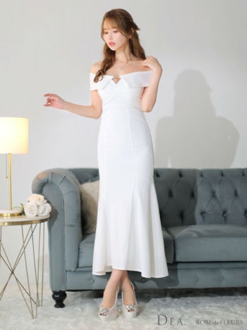 オフショルダー バストカット フレアマーメイド ミディアム ひざ丈ドレス