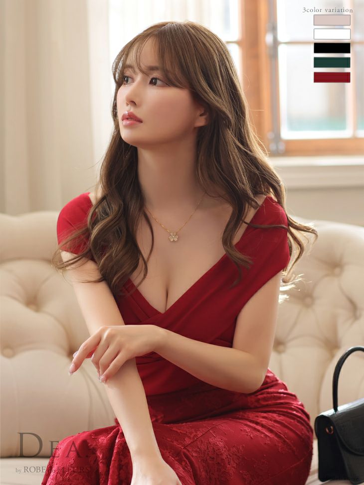 ワンカラー マーメイド 花柄レース オフショルダー ウエスト切り替え マーメイド タイト ひざ丈ドレス